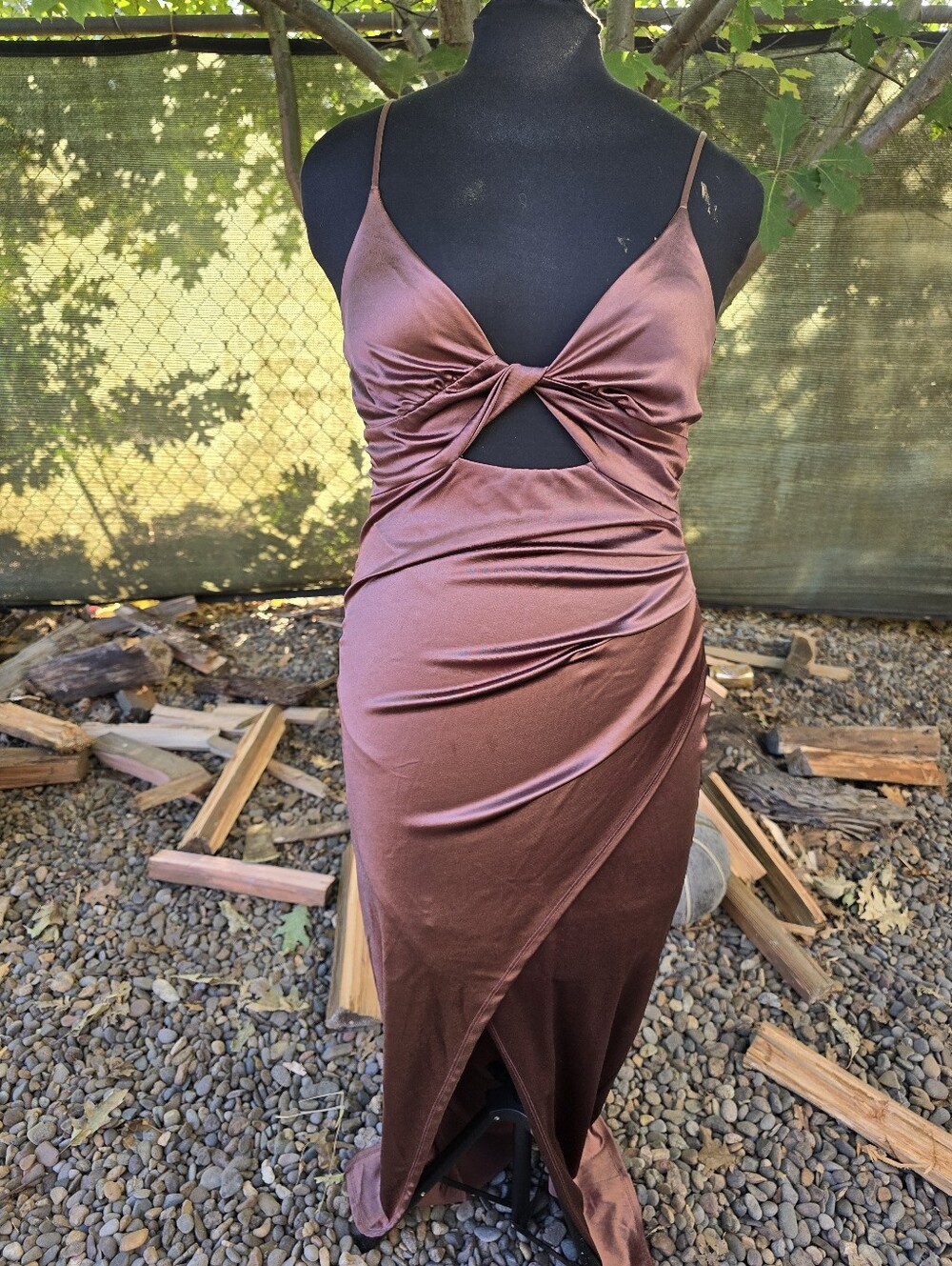 Windsor Brown Satin Twist Front Cutout Midi Dress 90's Minimalism Modern Glamour - Picture 1 of 9